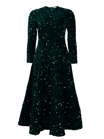 LOVERCCR  D469 Cross-Border New Arrival Women's round Neck Long Sleeve Pure Color Sequins High Waist Temperament Mid-Length Formal Dress European and American Style Dress