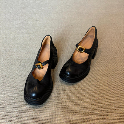 2025  British versatile platform round head small leather shoes women's retro light mouth one-word buckle thick heel Mary Jane shoes