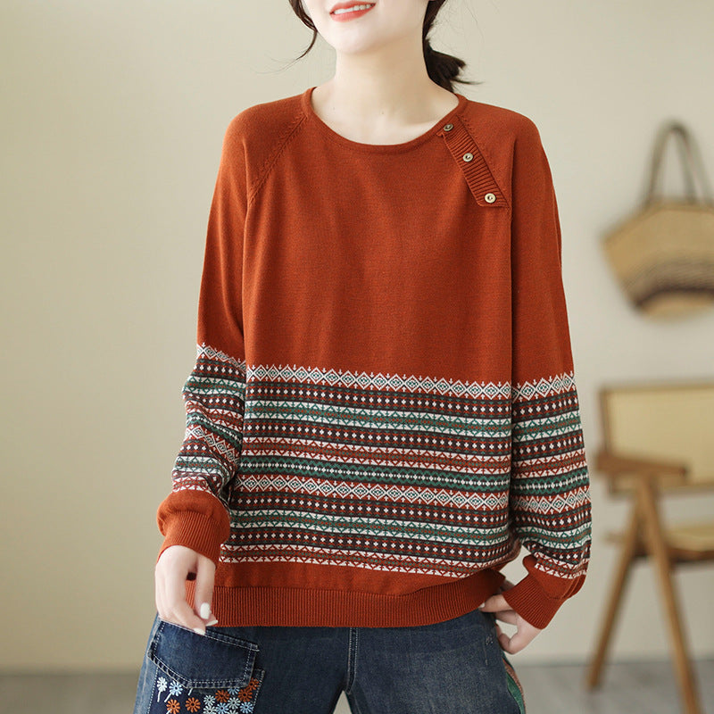 Temperament Striped Jacquard Knitted Sweater Women's Loose Long Sleeve Autumn and Winter New Retro Crew Neck Casual Versatile Bottom Sweater