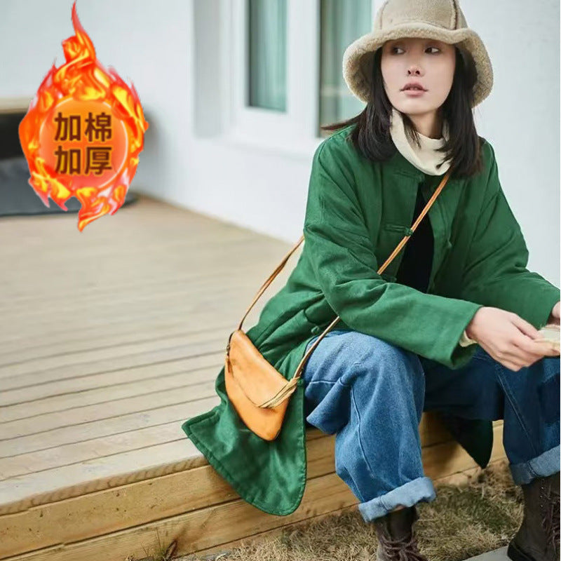 Thickened popular autumn and winter new loose large size retro literary placket Chinese medium and long cotton-padded clothes warm tea clothes jacket