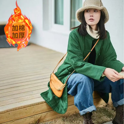 Thickened popular autumn and winter new loose large size retro literary placket Chinese medium and long cotton-padded clothes warm tea clothes jacket