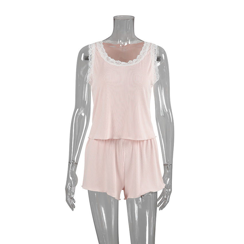 LOVECCR 2025 spring  pink knitted pit strip splicing lace pajamas two-piece sleeveless shorts women's loungewear