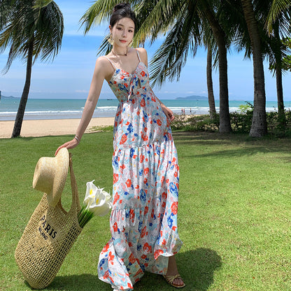 2025 travel wear beautiful floral suspender skirt Sanya vacation skirt to ankle beach dress long dress elegant