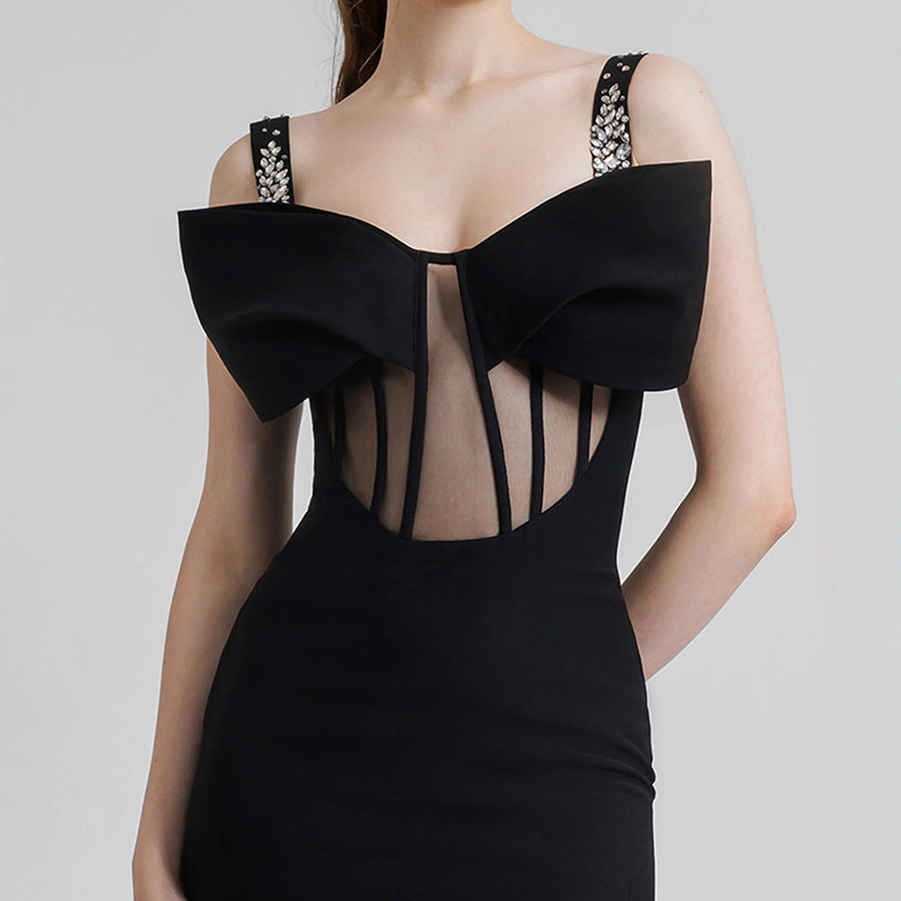 LOVECCR popular winter black nail drill suspender bow semi-transparent long dress dress new slim-fitting 2025 women's dress