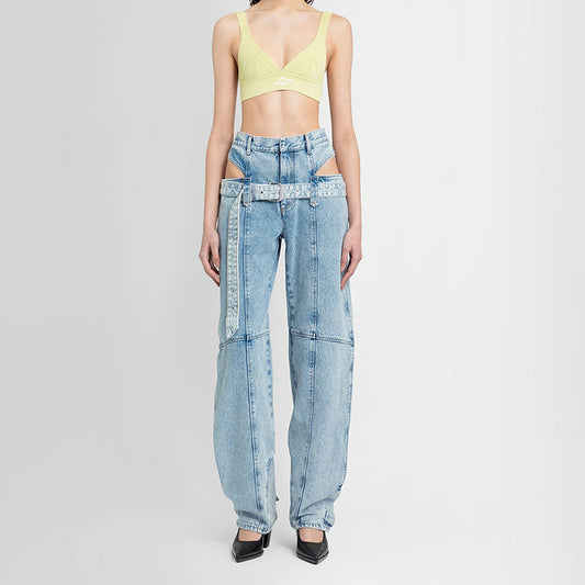2025 new waist straight pants, fashionable design overalls, trousers, washed jeans, women's spring