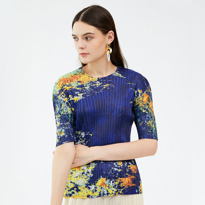 Casual style summer new niche starry sky printed top crew neck versatile t-shirt women's summer pleated bottoming shirt
