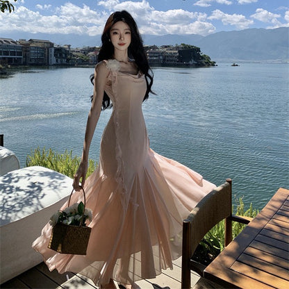 2025 Fairy fluttering temperament big halter pink suspender skirt female summer waist thin beach dress long dress elegant