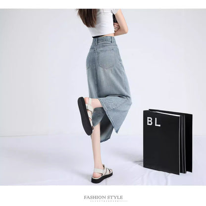 Lyocell Denim Skirt Women's Summer Thin High Waist Loose Split Ice Silk A- line Medium Long Sheath Skirt