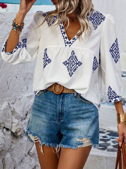 2025 Popular, ,  New women's clothing summer new fashion printed bag seven-quarter sleeve V-neck women's top