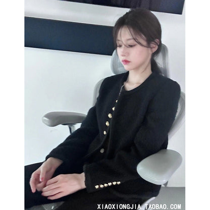 Star with the same black fragrant tweed jacket women's autumn short Korean fashionable thin top women's clothing 2025