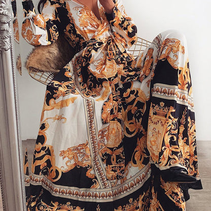 2025 New New evening dress 2025 printed dress V-neck pullover retro long-sleeved big swing split long dress