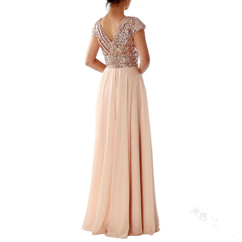 New new spring and summer  women's sleeveless dress V-neck sequined temperament chiffon splicing evening dress