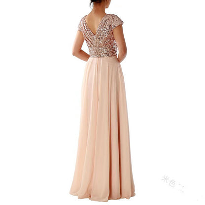 New new spring and summer  women's sleeveless dress V-neck sequined temperament chiffon splicing evening dress