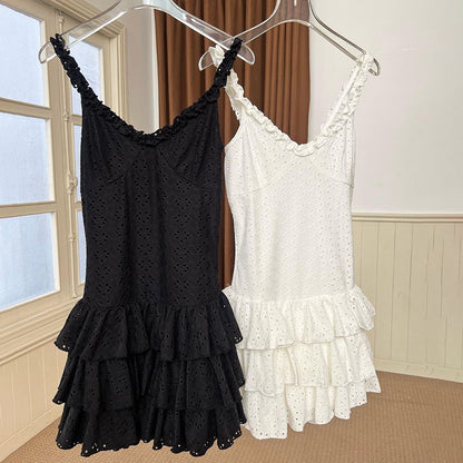LOVECCR 2025 AC083 Casual and sexy perspective backless lace suspender dress, girlish suspender short skirt pure small black dress summer