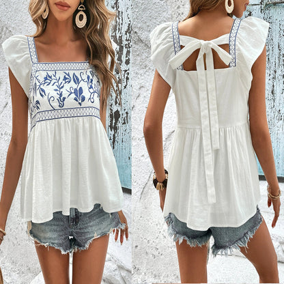 2025 New  women's clothing summer new embroidered lace-up square collar flying sleeves ruffle edge top women