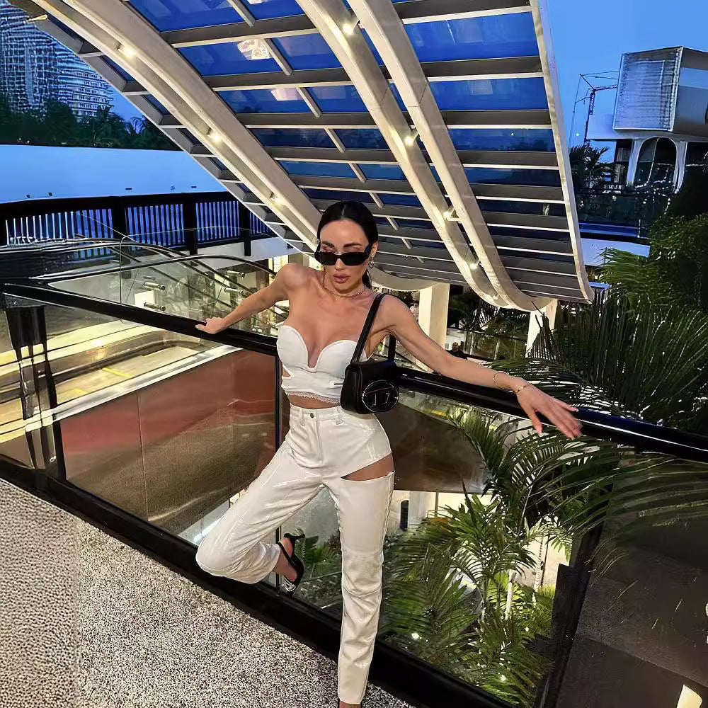 LOVECCR White low-elastic lace lace tube top PU hollow trousers two-piece set high-end 2025 suit new women's autumn