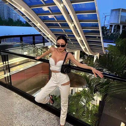 LOVECCR White low-elastic lace lace tube top PU hollow trousers two-piece set high-end 2025 suit new women's autumn