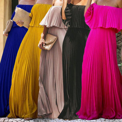 new  women's long dress New sexy off-the-shoulder one-word shoulder pleated chiffon evening dress
