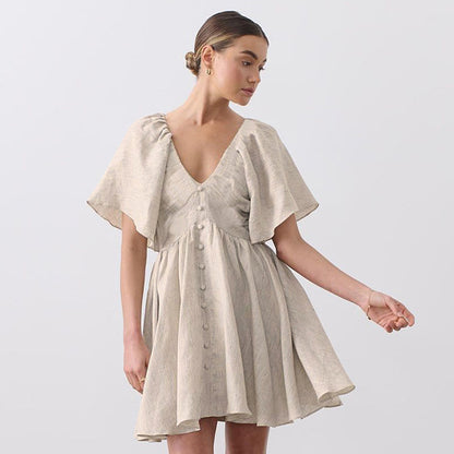 2025 Spring and summer new cotton and linen V-neck flared sleeve dress popular  spring and summer fashion new New wholesale short skirt