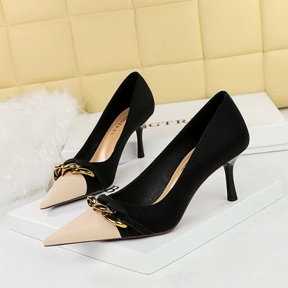 LOVECCR 2025 9283-A2  style banquet women's shoes thin heel high heel light mouth color matching pointed metal chain decorative fashion shoes