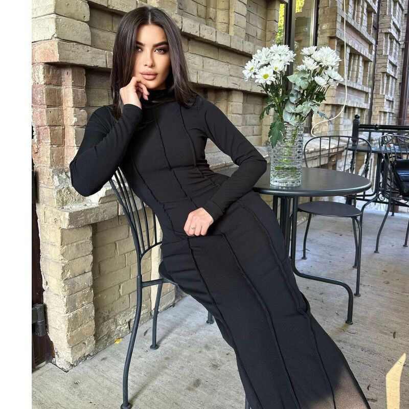 LOVECCR 2025 2023 autumn new  New Popular trade semi-turtleneck pit strip long-sleeved skirt thin waist dress women