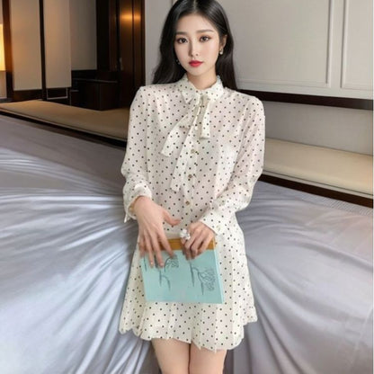 retro printing polka dot stand-up collar long-sleeved dress summer new slim-fit pleated medium-length dress L6086
