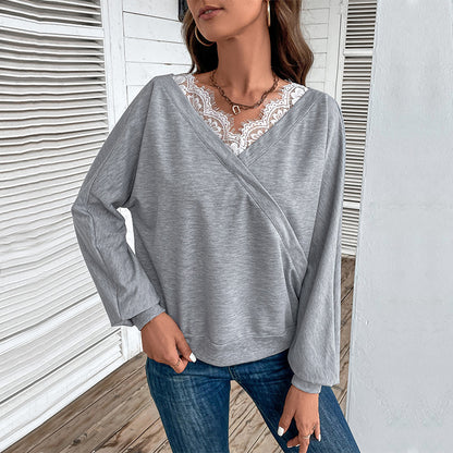LOVECCR  women's clothing Hot autumn 2025 popular V-neck sweater lace splicing top fashion pullover T-shirt