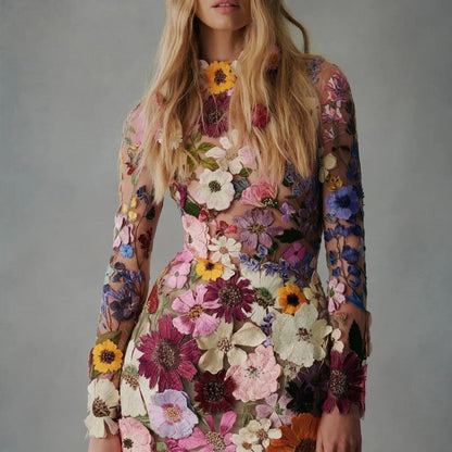 2025 direct sales New 2025 three-dimensional flower mesh lace embroidery hip wrap slim and thin sexy dress
