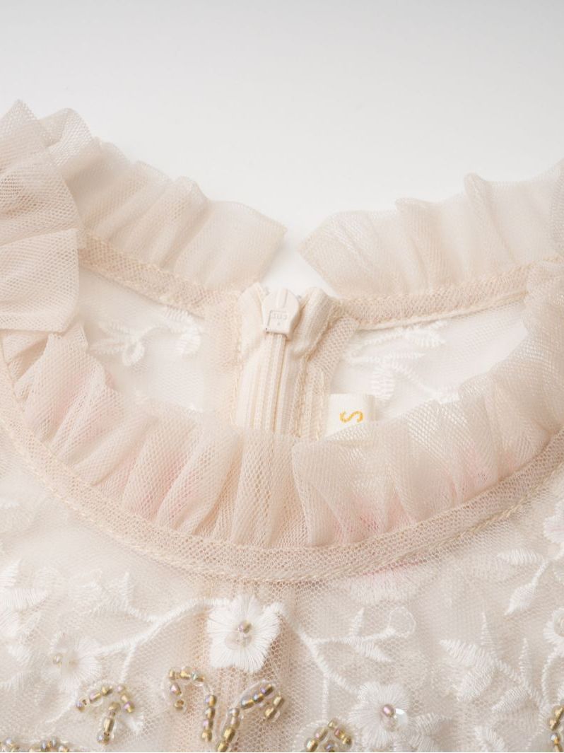 LOVECCR  Pink String Little Flower Mesh Embroidery Dress 7 Points Long Horn Sleeve Long Dress Birthday Party Dress