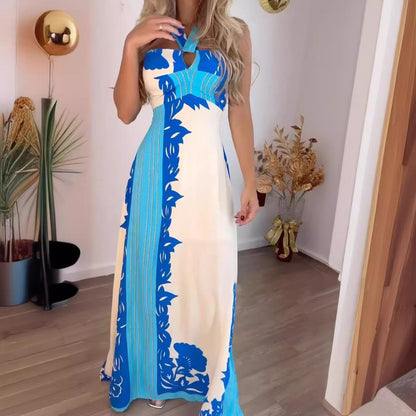 2025 summer New new 2025 neck sexy color matching fashion vacation beach long printing dress women's clothing