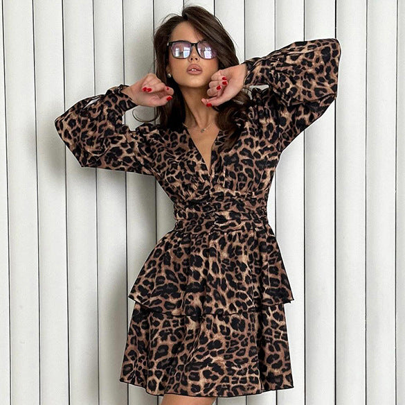 2025 loose V-neck A pendulum ruffle leaf edge leopard print dress popular autumn fashion new wholesale printed short skirt women