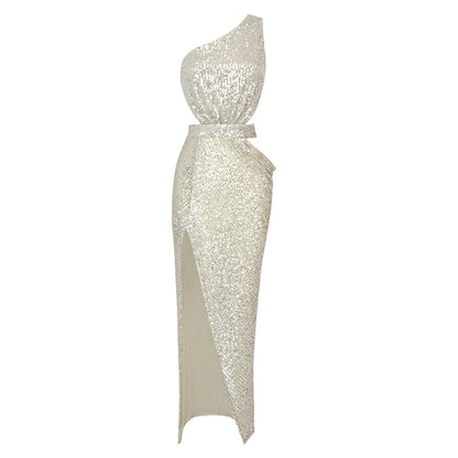 LOVECCR Summer sequined sleeveless slanted shoulder splicing open-ended waist hip skirt 2025 women's dress long dress new