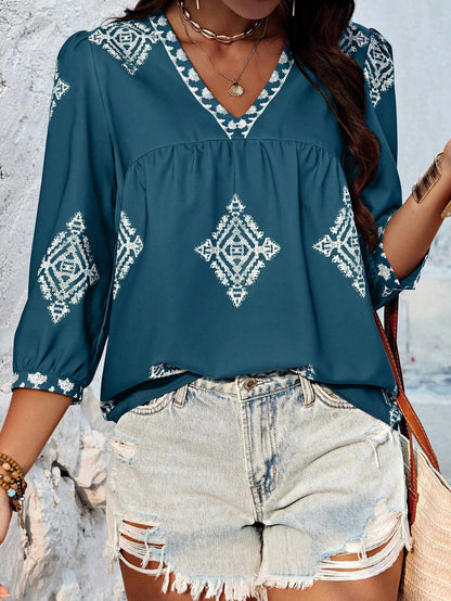 2025 Popular, ,  New women's clothing summer new fashion printed bag seven-quarter sleeve V-neck women's top