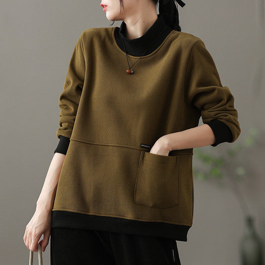 Retro turtleneck sweater fleece thickened women's popular winter new loose and thin casual versatile long-sleeved top