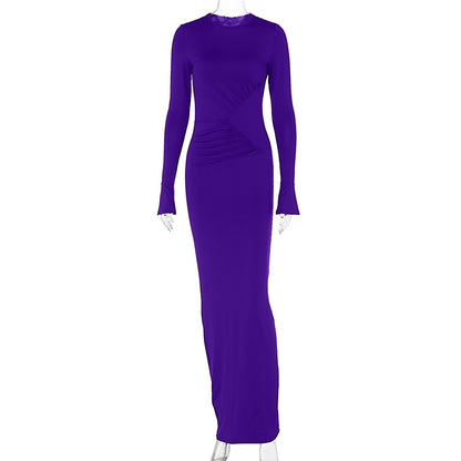 LOVECCR style cross-border women's clothing  summer new fashionable solid color round neck personalized pleated slim-fitting long-sleeved dress