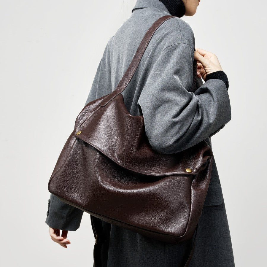 2025 Large-capacity textured cowhide tote bag versatile retro soft leather shoulder bag casual women's bag