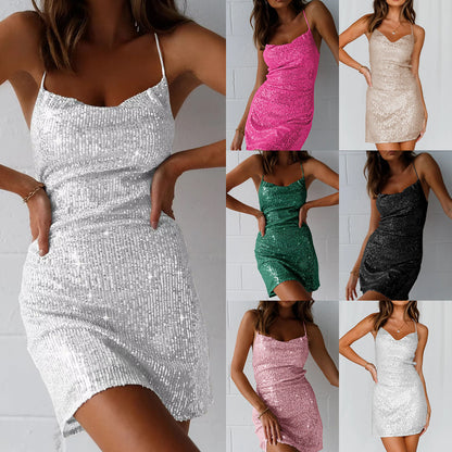 2025 2025 New new suspender short skirt sexy backless sequin flash dress nightclub party dress