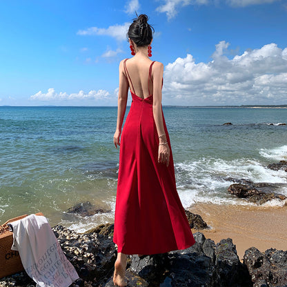 2025 Pure desire wind bridesmaid dress skirt photo super fairy desert backless dress female elegant long dress red beach dress