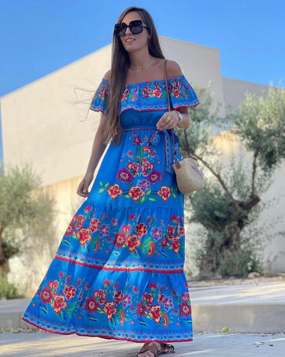 2025 Popularan, 2025n spring and summer independent station 's new one-word shoulder red flower printing long pendulum dress