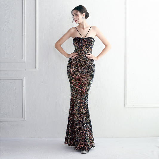 19393 #fleece bottom beads new suspender party sequined dress long banquet slim evening dress temperament elegant