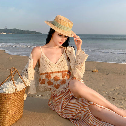 2025 Thai niche top summer short outer wear Spice girls wear seaside vacation knitted fringed sling vest women's inner wear
