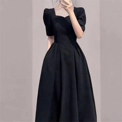 Elegant Hepburn Style High Sense Square Collar Dress  Summer New Women's Clothing Western Style Waist-Slimming Puff Sleeve Skirt
