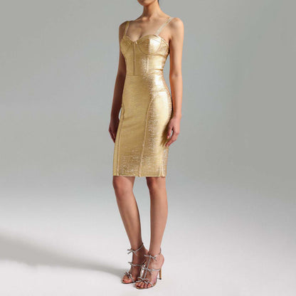 LOVECCR  Cross-Border High-End Bronzing Stretch Sleeveless Sling Skinny Fashion Tube Top Party Evening Dress Bandage Sheath Dress