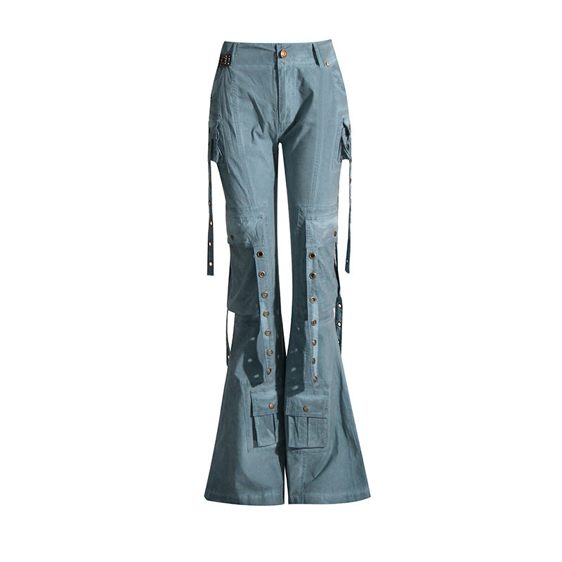 2025 spring new high-waisted horn trousers tooling style slim and thin versatile streamer decorative mopping casual pants