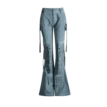 2025 spring new high-waisted horn trousers tooling style slim and thin versatile streamer decorative mopping casual pants