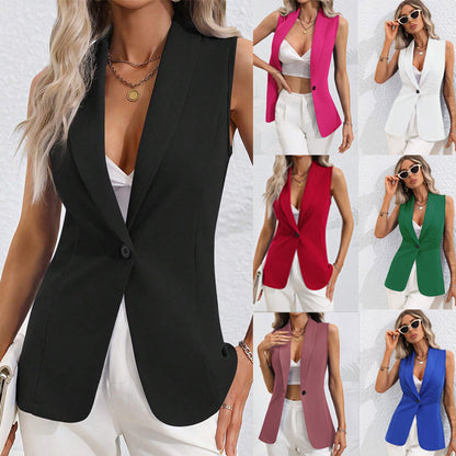 2025 Spring and Autumn New    Solid Color Cardigan Single Button Jacket Sleeveless Crew Neck Jacket Women