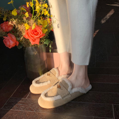 2025  Baotou half slippers, one pedal, gold coins to keep warm, plush slippers, women wear muller shoes