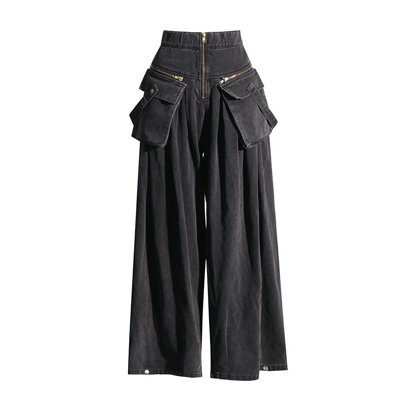 2025 Spring Fashion High Waist Big Pocket Design Sense Wide Leg Pants Loose Small Skinny Tooling Jeans Women