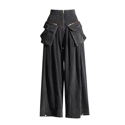 2025 Spring Fashion High Waist Big Pocket Design Sense Wide Leg Pants Loose Small Skinny Tooling Jeans Women