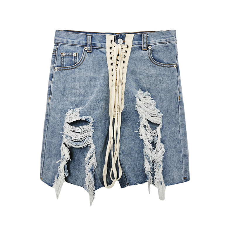 2025 Comfortable Casual High Waist Shorts Women's  Spring New Sexy Spice Girls Wind Cross Strap Ripped Denim Shorts